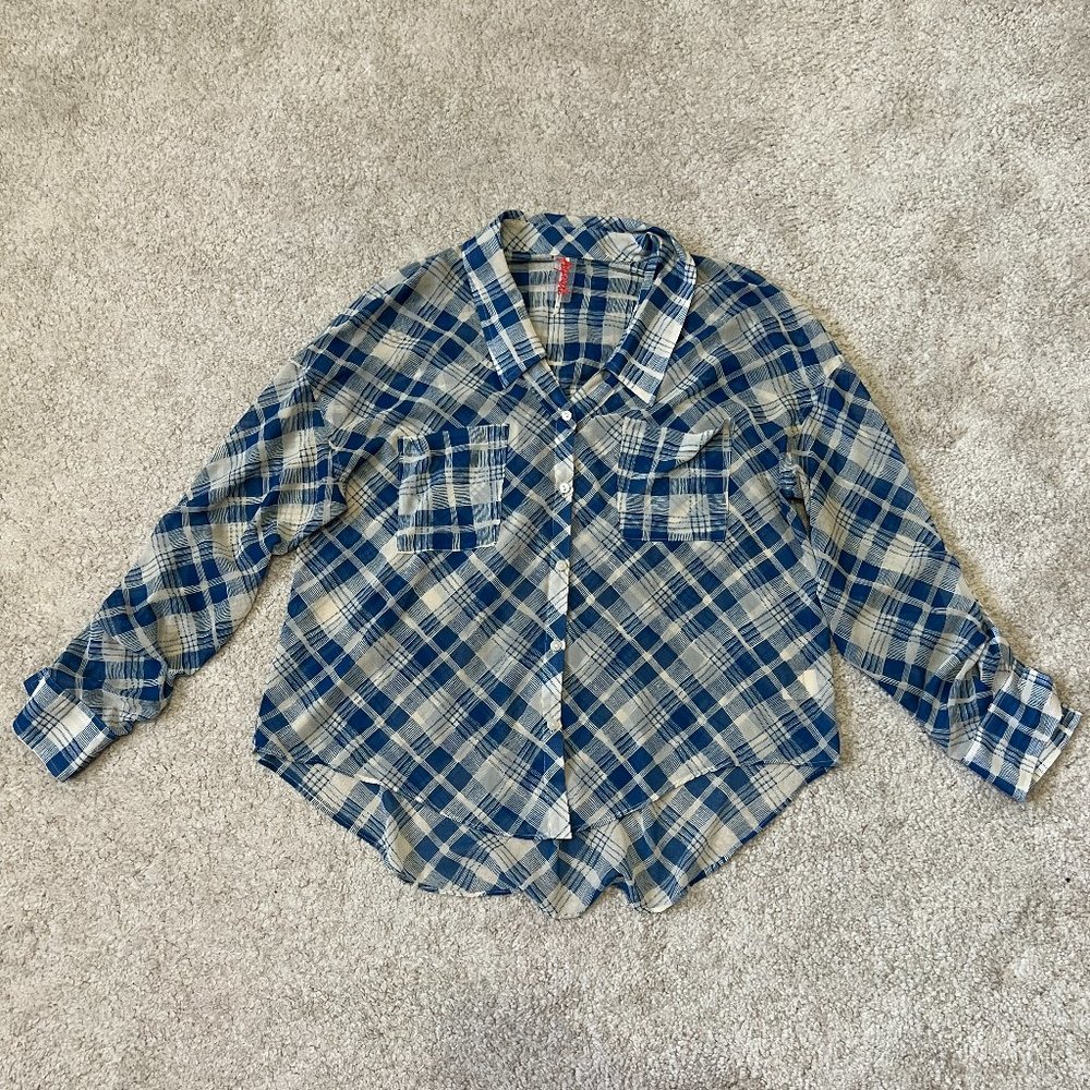 Free people Button Up Blouse Size Small Easy Rider Chiffon Sheer Blue Plaid